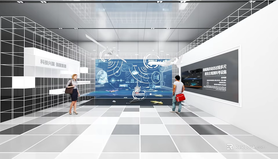 Modern Technology Exhibition Hall With Interactive Digital Screens Data Visualization And Visitors White Grid Walls 3d model