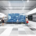 Modern Technology Exhibition Hall With Interactive Digital Screens Data Visualization And Visitors White Grid Walls 3d model