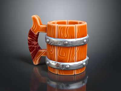 Wooden Style Mug With Orange Body Silver Metal Hoops And Red Bone Shaped Handle 3d model