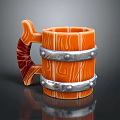 Wooden Style Mug With Orange Body Silver Metal Hoops And Red Bone Shaped Handle