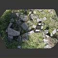 Wood And Stone Materials In Natural Outdoor Landscape With Green Grass
