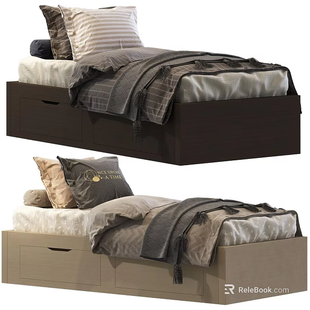 Modern Single Bed With Storage Drawers And Soft Bedding Pillows Blankets 3d model 
