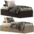 Modern Single Bed With Storage Drawers And Soft Bedding Pillows Blankets 3d model