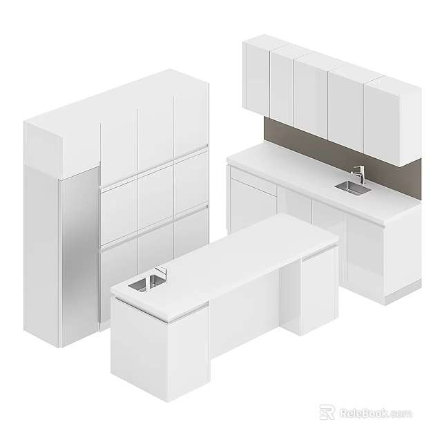 Modern White Kitchen Cabinets With Island Counter And Sink Design 3d model 