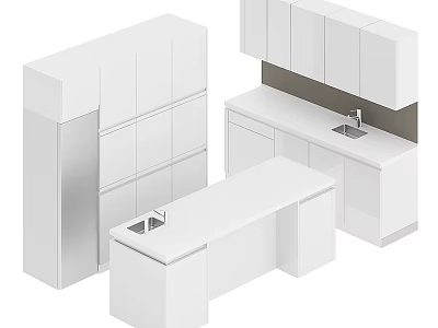 Modern White Kitchen Cabinets With Island Counter And Sink Design 3d model