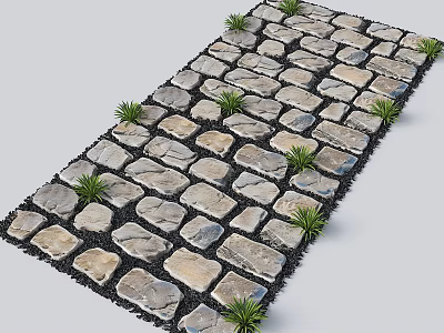 Natural Stone Stepping Stones With Irregular Shapes Black Gravel And Small Green Plants 3d model