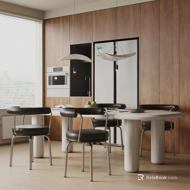 Modern Dining Table Set With Black Chairs Wooden Walls Pendant Lights And Kitchen Appliances 3d model 