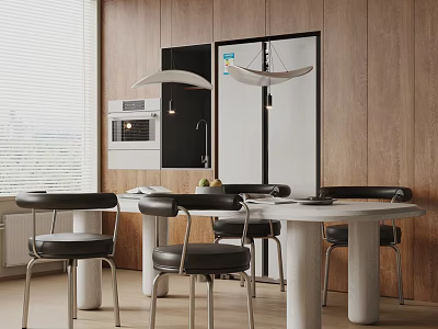 Modern Dining Table Set With Black Chairs Wooden Walls Pendant Lights And Kitchen Appliances 3d model