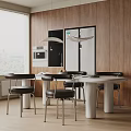 Modern Dining Table Set With Black Chairs Wooden Walls Pendant Lights And Kitchen Appliances