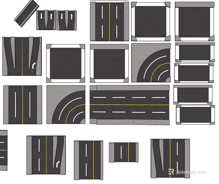 Road Infrastructure Components Featuring Straight Curved Lanes And Yellow Dividing Lines 3d model 