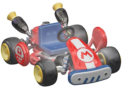 Toy Mario Logo Go Kart with Red White Large Tires Yellow Rims and Blue Seat 3d model