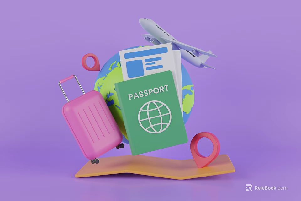 Passenger Airplane With Globe Passport Pink Suitcase And Travel Location Pins 3d model 