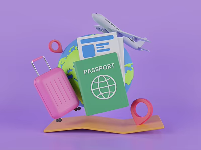 Passenger Airplane With Globe Passport Pink Suitcase And Travel Location Pins 3d model