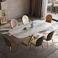 Modern Luxury Dining Table Set With Marble Top Wooden Cross Legs And Beige Padded Chairs