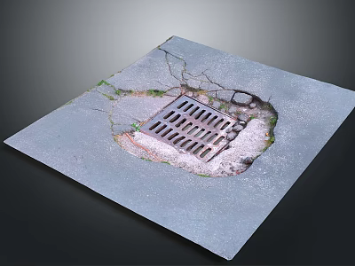 Damaged Urban Pavement Featuring Central Drain Grate Cracks And Green Vegetation 3d model