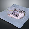 Damaged Urban Pavement Featuring Central Drain Grate Cracks And Green Vegetation