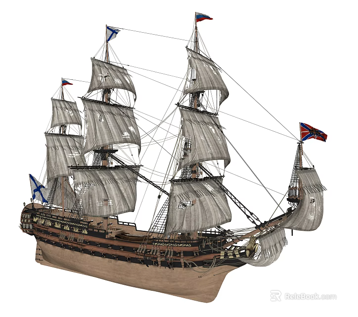 Antique Sailing Ship With Tall Masts Multiple Sails Wooden Hull And Decorative Flags 3d model 