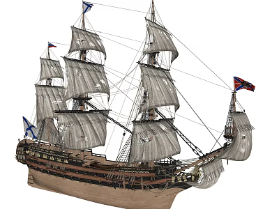 Antique Sailing Ship With Tall Masts Multiple Sails Wooden Hull And Decorative Flags 3d model