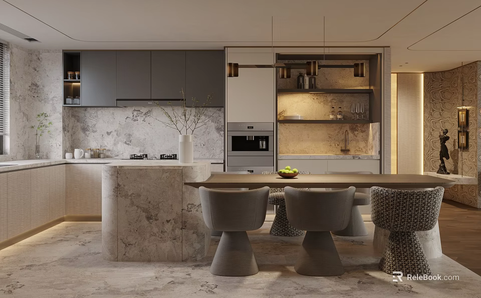 Modern Restaurant Interior With Grey Cabinets Marble Island And Dining Table Chairs 3d model 