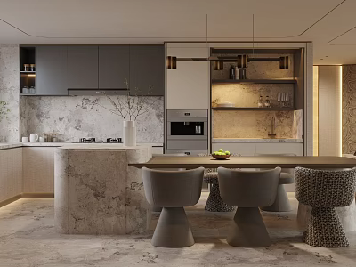 Modern Restaurant Interior With Grey Cabinets Marble Island And Dining Table Chairs 3d model