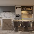 Modern Restaurant Interior With Grey Cabinets Marble Island And Dining Table Chairs
