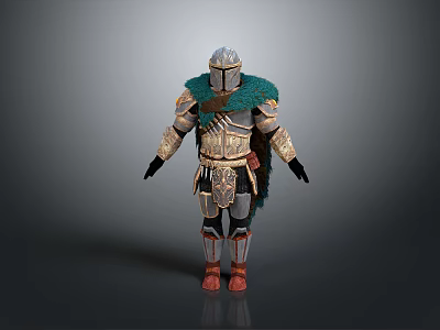 Detailed Medieval Warrior Armor With Green Cape And Gold Accents 3d model