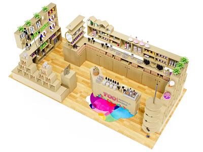 Modern Display Shelves Layout Featuring Multi Level Racks Green Plants And Products 3d model