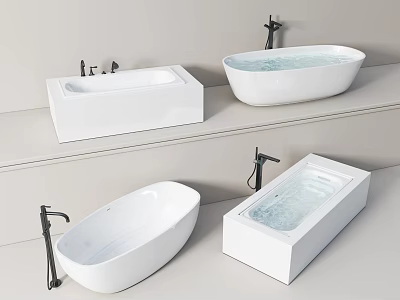 Modern White Bathtub Design With Oval And Rectangular Shapes And Black Faucets 3d model