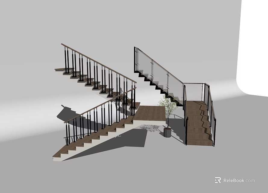 Modern Staircase Design With Black Railings Wooden Steps And Small Plant 3d model 