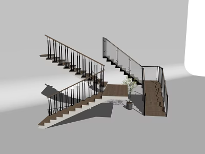Modern Staircase Design With Black Railings Wooden Steps And Small Plant 3d model