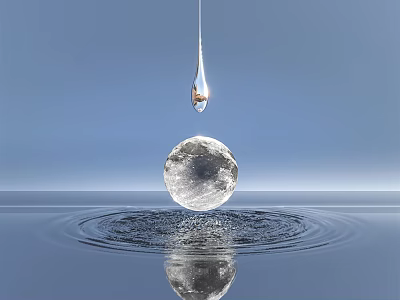 Landscape Sculpture With Hanging Water Drop Sphere And Blue Background Water Ripples 3d model