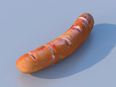 Roasted Glossy Brown Sausage With Diagonal Slits On Light Blue Surface 3d model