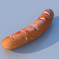 Roasted Glossy Brown Sausage With Diagonal Slits On Light Blue Surface
