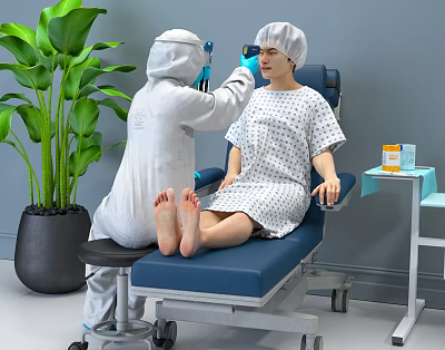Medical Professional In Protective Gear Examining Patient's Eyes In Clinic 3d model