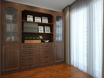 Wooden Bookcase With Glass Door Cabinets Photo Frames And Drawers In Living Room Interior 3d model