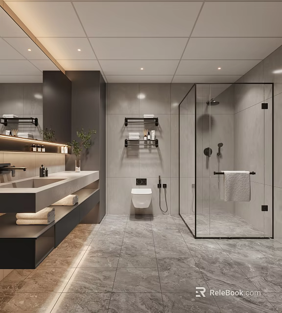 Sleek Modern Bathroom Interior Design With Glass Shower Enclosure Vanity And Marble Tiles 3d model 