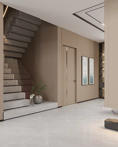 Modern Gray Staircase With Vase Green Plant Wooden Door Paintings And White Marble Floor 3d model
