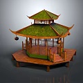Traditional Chinese Pavilion With Green Roof Wooden Structure And Hanging Lanterns On Platform