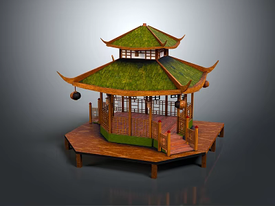 Traditional Chinese Pavilion With Green Roof Wooden Structure And Hanging Lanterns On Platform 3d model