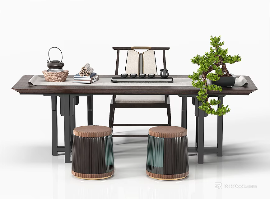 Traditional Tea Table and Chairs with Stools Teapot Books and Bonsai Decoration 3d model 