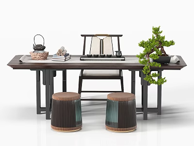 Traditional Tea Table and Chairs with Stools Teapot Books and Bonsai Decoration 3d model