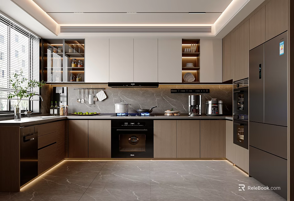 Modern Kitchen Interior Design With Wooden Cabinets Countertop And Stainless Steel Appliances 3d model 