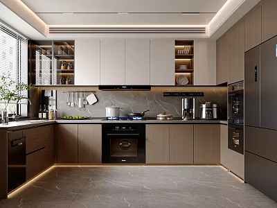 Modern Kitchen Interior Design With Wooden Cabinets Countertop And Stainless Steel Appliances 3d model