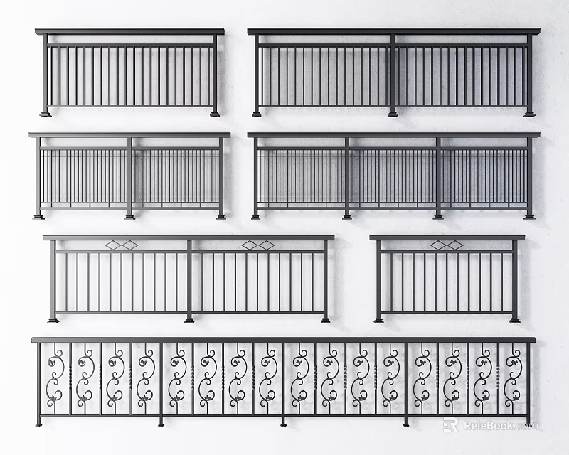Different Styles Of Metal Railings Featuring Decorative Patterns And Simple Designs 3d model 