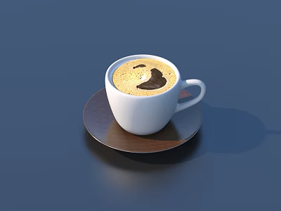 Creamy Coffee in White Cup on Brown Saucer With Heart Foam Art 3d model