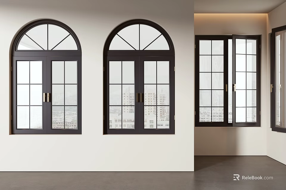 Modern Black Casement Windows With Arch Design And Glass Panels In Interior 3d model 