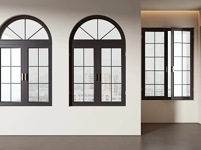 Modern Black Casement Windows With Arch Design And Glass Panels In Interior 3d model