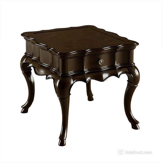 Classic Dark Wooden Side Table With Carved Design Drawer And Curved Legs 3d model 