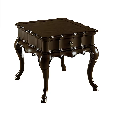 Classic Dark Wooden Side Table With Carved Design Drawer And Curved Legs 3d model