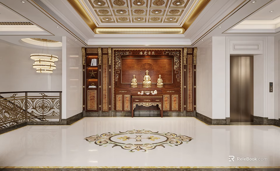 Luxurious Hotel Lobby Interior With Ornate Ceiling Wooden Backdrop And Marble Floor Inlaid Pattern 3d model 